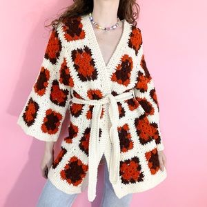 Vintage 70s Crochet Knit Cream Cardigan Sweater